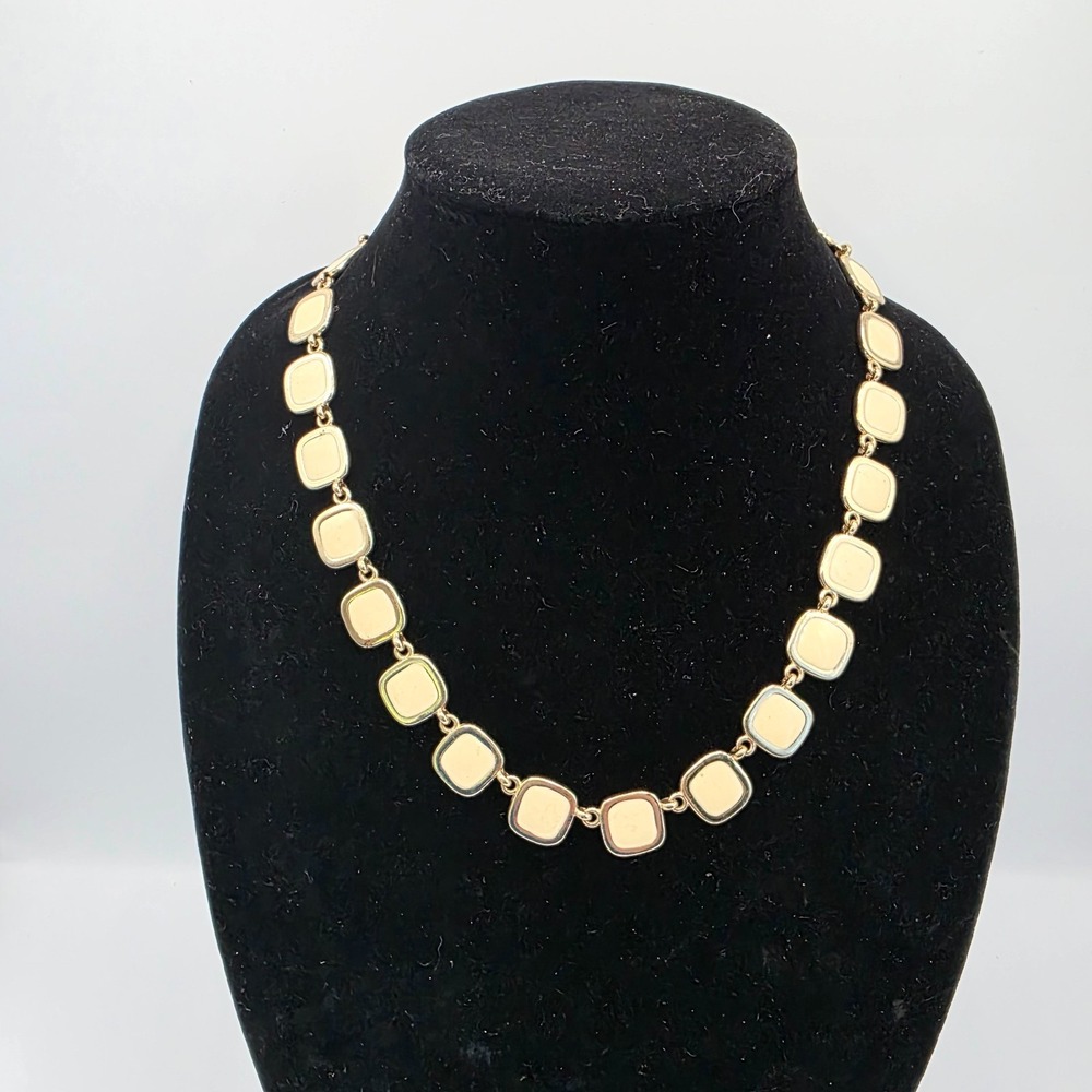 Womens Gold Tone Beige Collar Necklace Square Pendant 22" Quiet Luxury Pre-loved